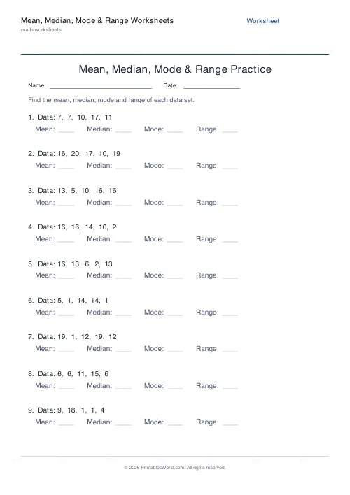 Free printable mean, median, mode and range worksheet — 5, with answer key — PDF download