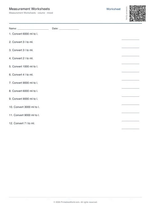 Free printable measurement conversion worksheet — Volume, with answer key — PDF download