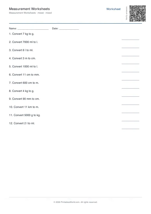 Free printable measurement conversion worksheet — Mixed, with answer key — PDF download
