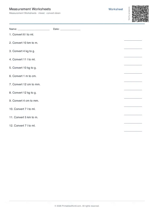Free printable measurement conversion worksheet — Large to Small, with answer key — PDF download