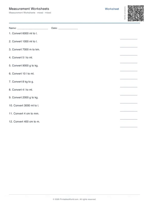 Free printable measurement conversion worksheet — Mixed, with answer key — PDF download