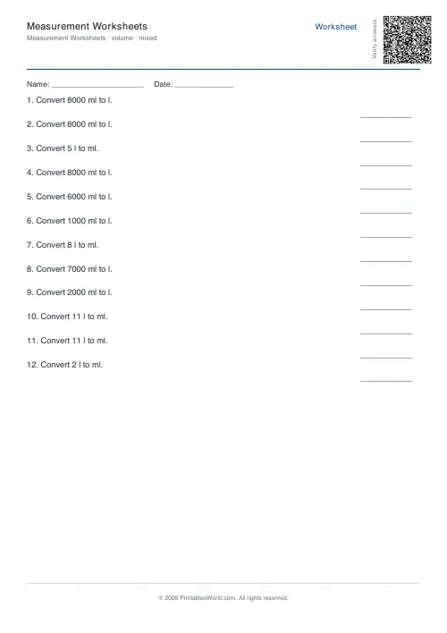 Free printable measurement conversion worksheet — Volume — PDF download