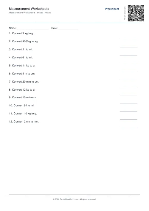 Free printable measurement conversion worksheet — Mixed — PDF download