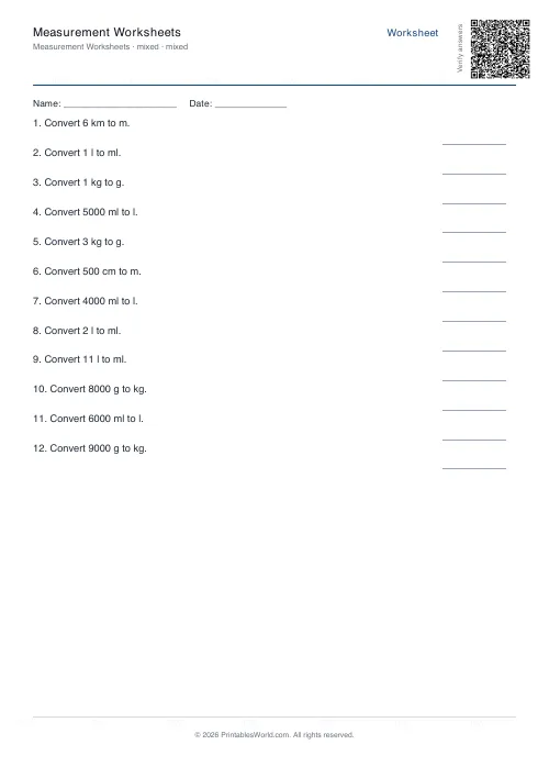Free printable measurement conversion worksheet — Mixed — PDF download