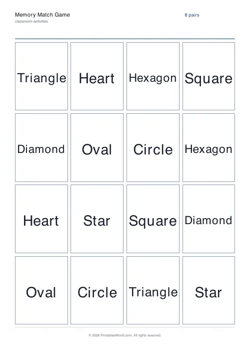 Free printable memory match game — Shapes — PDF download