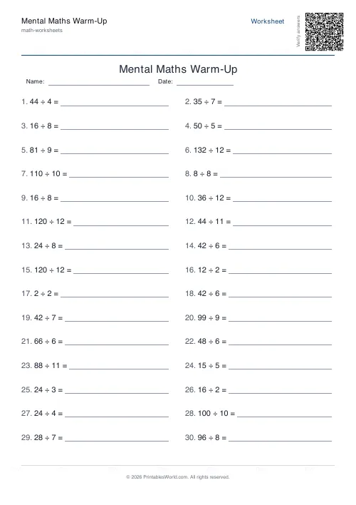 Free printable mental maths worksheet — Subtract — PDF download