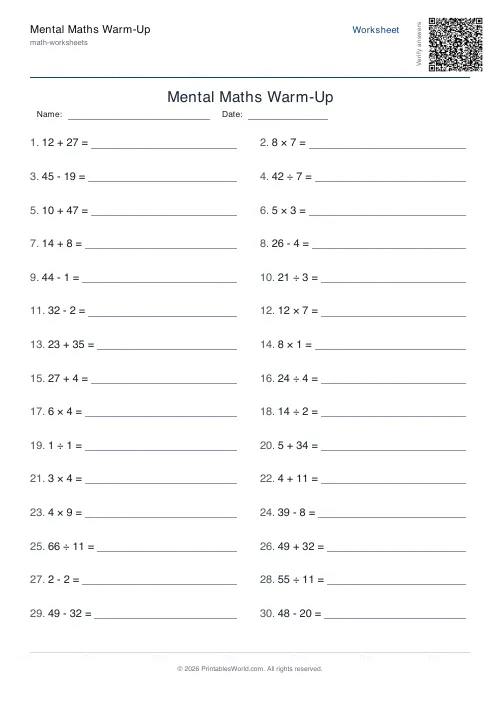 Free printable mental maths worksheet — 50 — PDF download