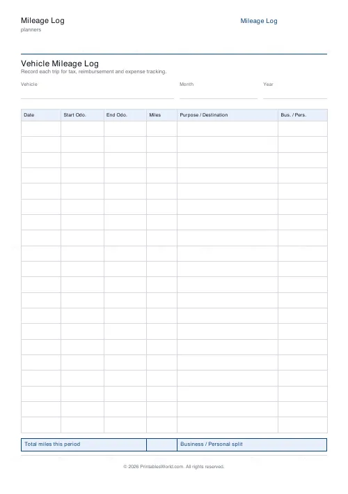 Free printable mileage log — PDF download