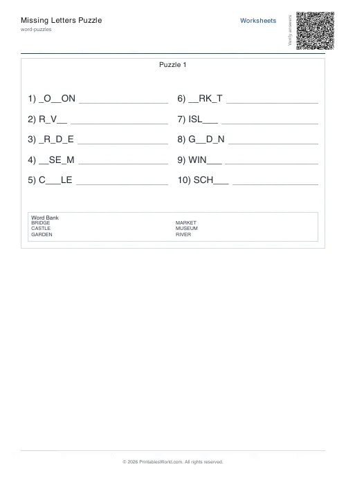Free printable missing-letter puzzle — Hard, with answer key — PDF download