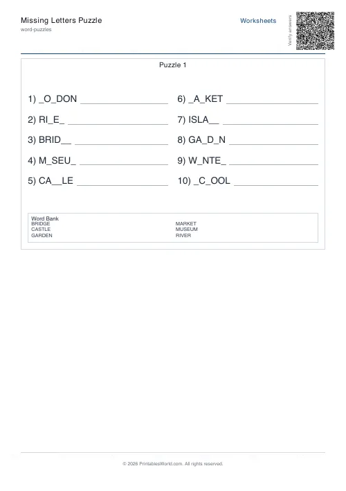Free printable missing-letter puzzle — Random letters, with answer key — PDF download