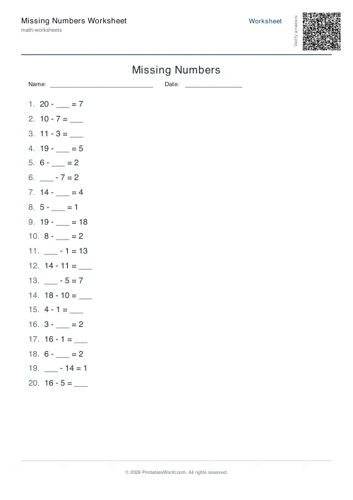 Free printable missing number worksheet — Subtract, with answer key — PDF download
