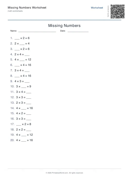 Free printable missing number worksheet — Multiply, with answer key — PDF download