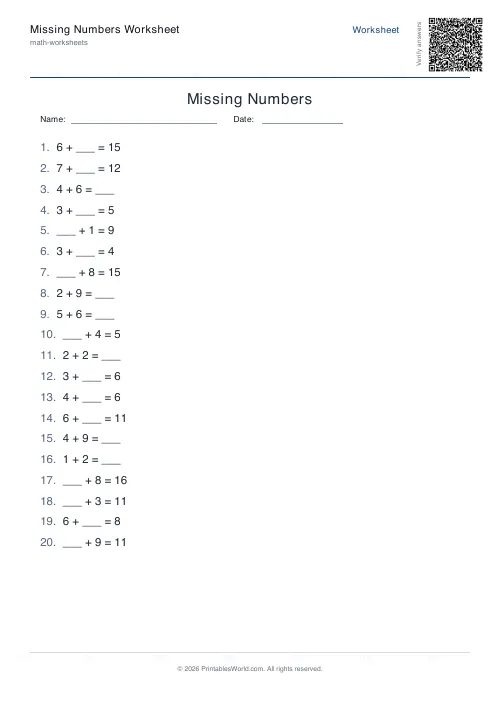Free printable missing number worksheet — 10, with answer key — PDF download