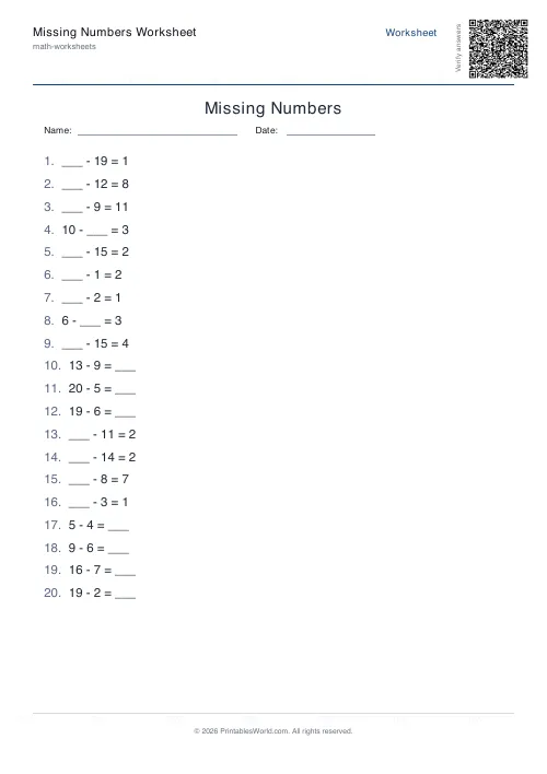 Free printable missing number worksheet — Subtract — PDF download