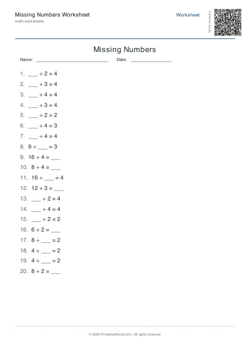 Free printable missing number worksheet — Divide — PDF download
