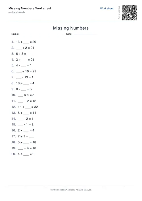 Free printable missing number worksheet — Mixed — PDF download