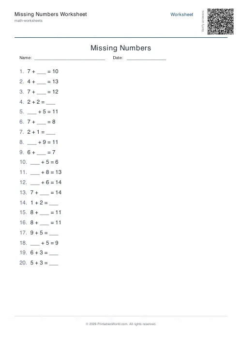 Free printable missing number worksheet — 10 — PDF download