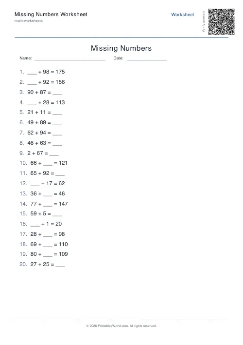 Free printable missing number worksheet — 100 — PDF download