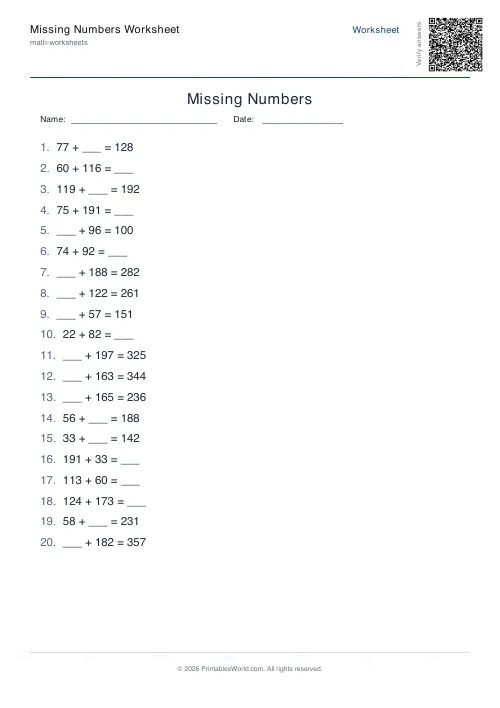 Free printable missing number worksheet — 200 — PDF download