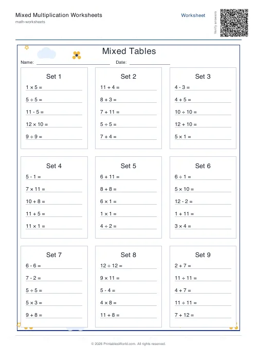 Free printable mixed operations practice — Up to 12, with answer key — PDF download