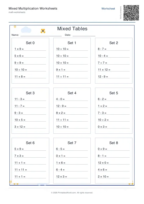 Free printable mixed operations practice — With zero, with answer key — PDF download