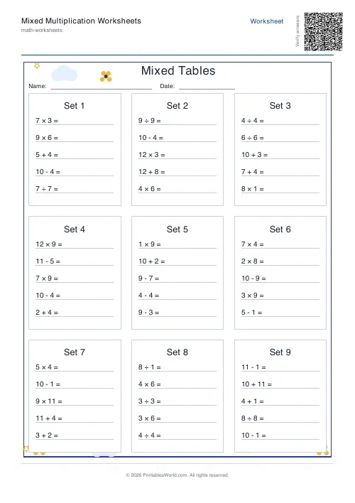 Free printable mixed operations practice — From 1, with answer key — PDF download