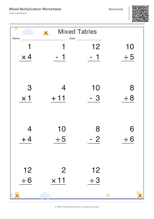 Free printable mixed operations practice — Vertical column — PDF download