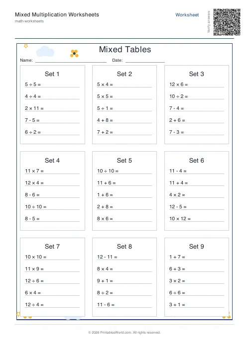 Free printable mixed operations practice — Up to 10 — PDF download