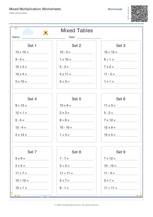 Free printable mixed operations practice — Up to 12 — PDF download