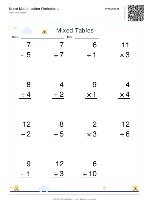 Free printable mixed operations practice — Vertical column, with answer key — PDF download