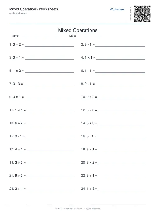 Free printable mixed operations worksheet — 3, with answer key — PDF download