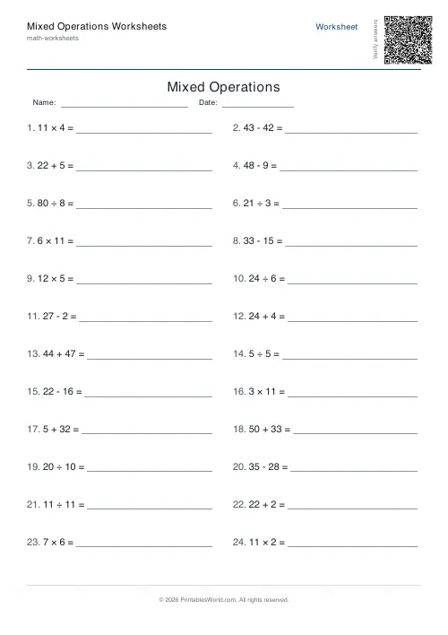 Free printable mixed operations worksheet — 50, with answer key — PDF download
