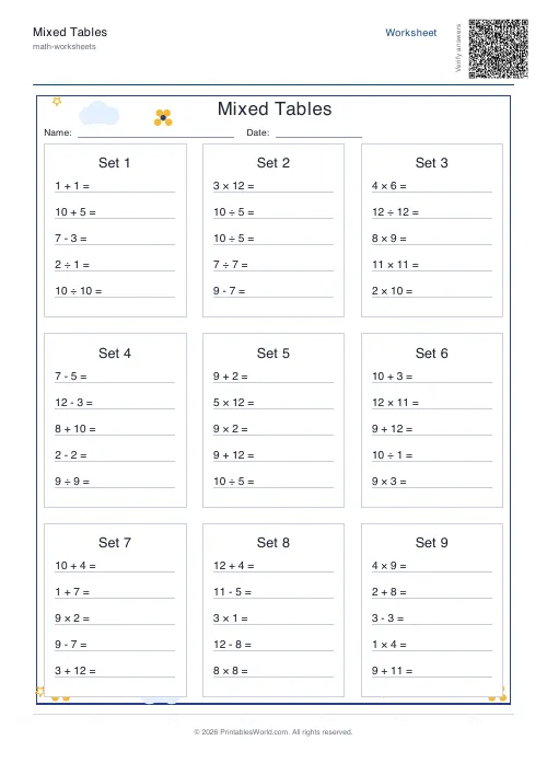 Free printable mixed operations tables worksheet with addition, subtraction, multiplication and division, set 1
