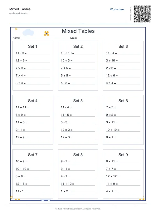Free printable mixed operations tables worksheet with addition, subtraction, multiplication and division, set 2