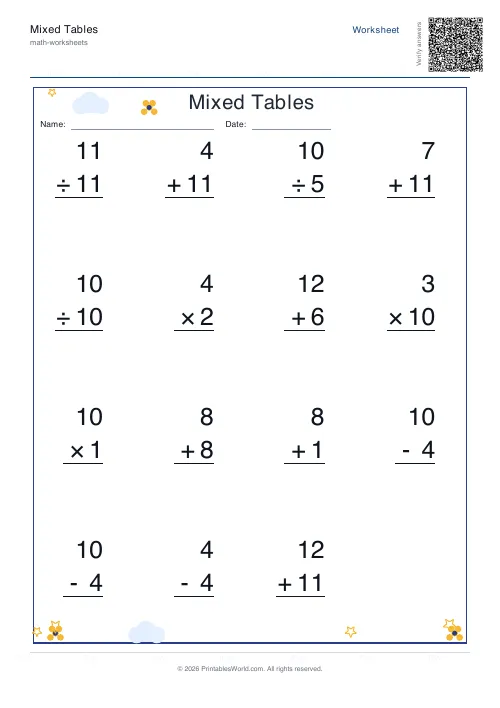 Free printable vertical mixed operations worksheet in column format, numbers to 20