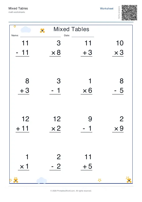 Free printable vertical mixed operations worksheet in column format, numbers to 30