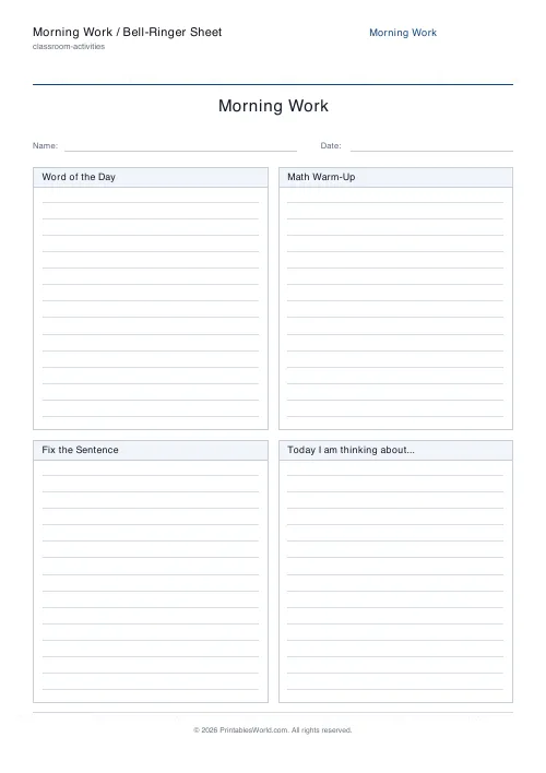 Free printable morning work sheet — 2 columns — PDF download