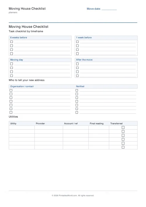 Free printable moving house checklist — 4 tasks/group — PDF download