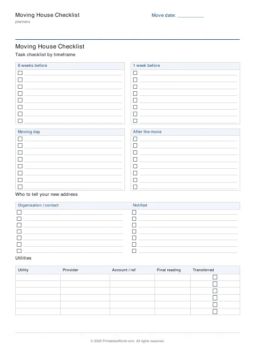 Free printable moving house checklist — 8 tasks/group — PDF download
