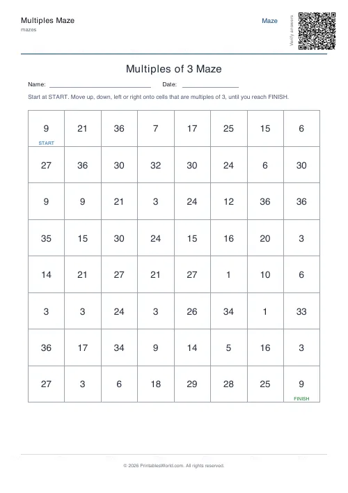 Free printable multiples maze — 3, with answer key — PDF download