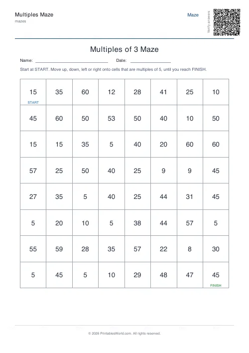 Free printable multiples maze — 5, with answer key — PDF download