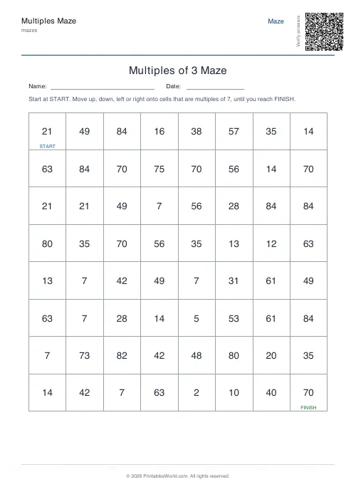 Free printable multiples maze — 7, with answer key — PDF download