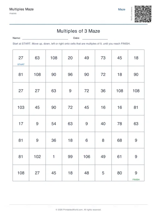 Free printable multiples maze — 9, with answer key — PDF download