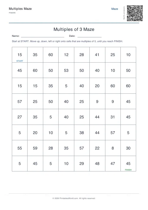 Free printable multiples maze — 5 — PDF download