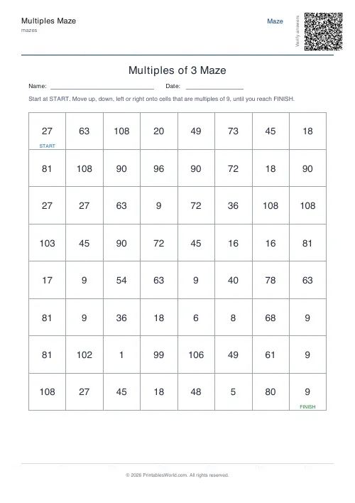 Free printable multiples maze — 9 — PDF download