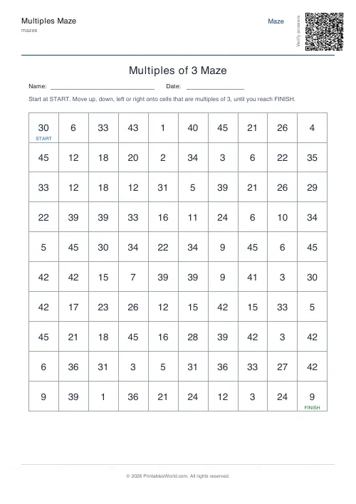 Free printable multiples maze — 10×10 — PDF download