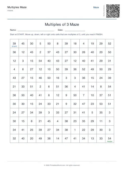 Free printable multiples maze — 12×12 — PDF download
