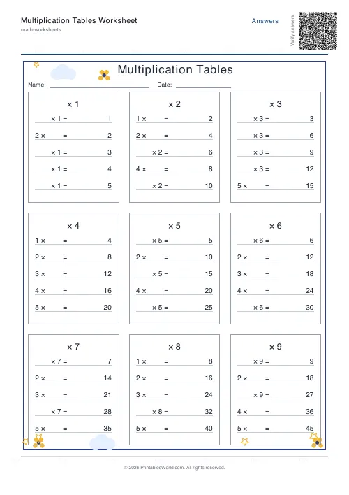 Free printable multiplication table — Find missing factor — PDF download