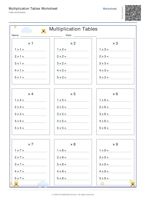 Free printable multiplication table — Tables grid, with answer key — PDF download