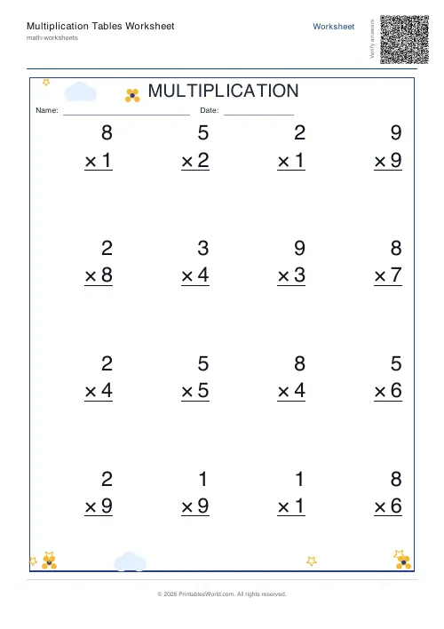 Free printable multiplication table — Vertical column, with answer key — PDF download